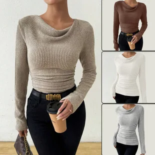 

2025 New Women's Bell Sleeve Top Draped Cowl Neck Knit Shirt Slim Fit Elegant Blouse Ruffle Hem Chic Pullover