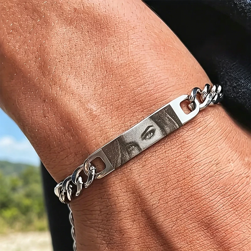 Trend Couples Eyes Photo Engraved Customized Bracelet Stainless Steel Man Woman Eye Personalized Cuban Link Chain Bracelet