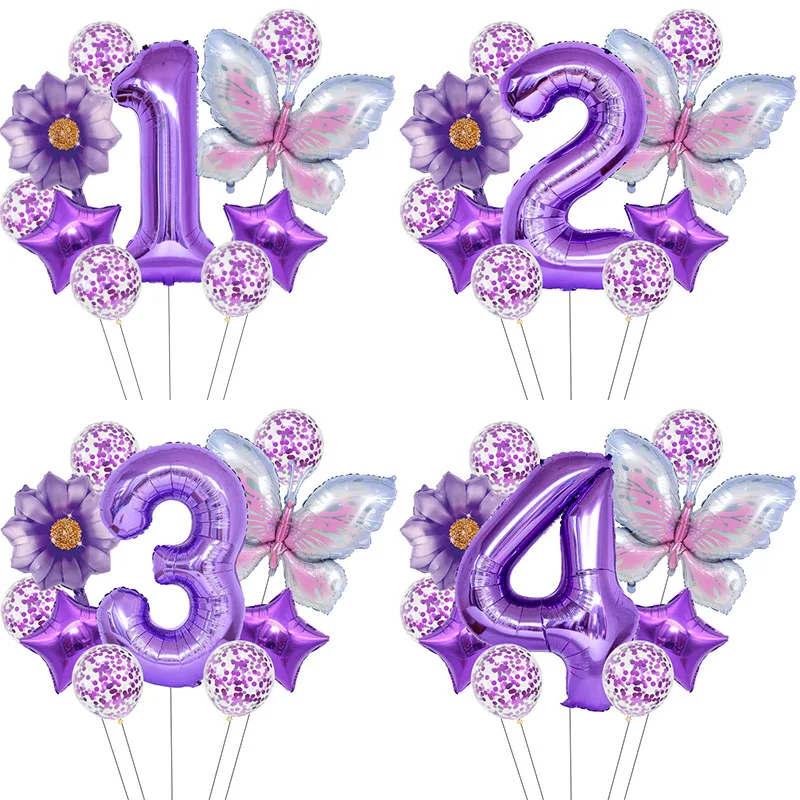 10Pcs Butterfly Balloon Set 40inch Purple Number Balloon Butterfly Party Decoration Princess Birthday Supplies Fairy Girl Favors