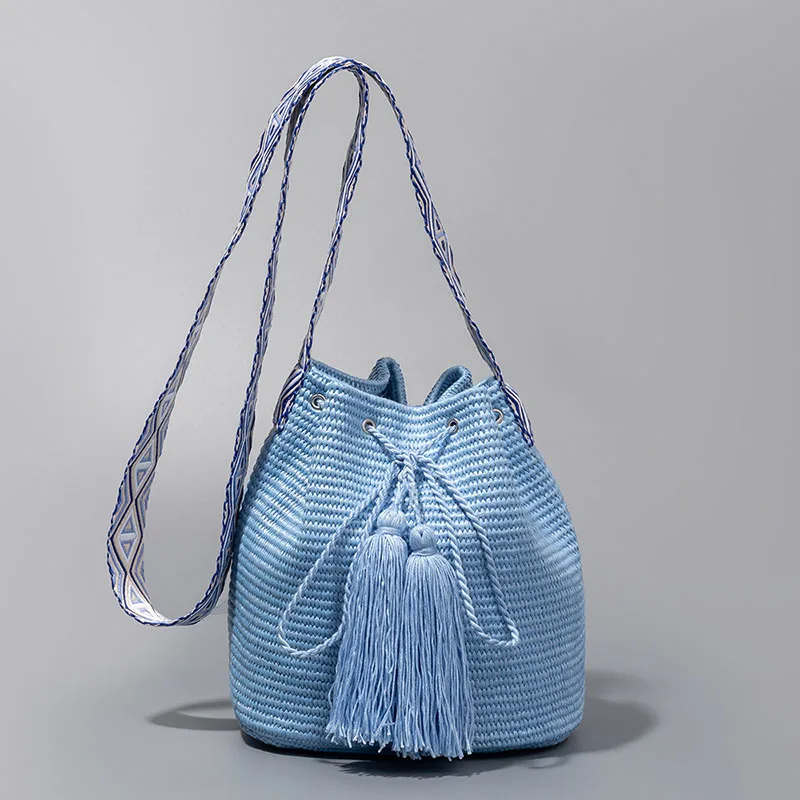 Women's New Summer Seaside Vacation Grass Woven Drawstring Crossbody Bag Multi-Functional Bucket Purse Handbag For Daily Commute