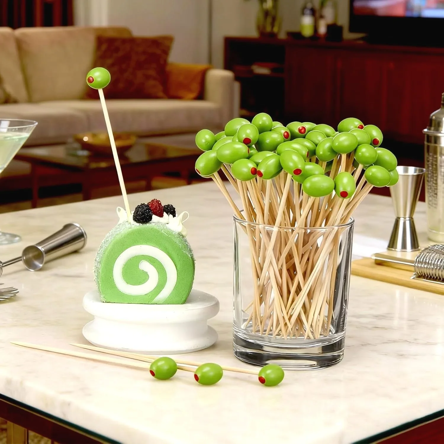 Olive Cocktail Picks, 3D Wooden Olive Bamboo Toothpicks for Appetizers, Fruit, Cake, BBQ, Christmas Birthday Party Buffet Decor