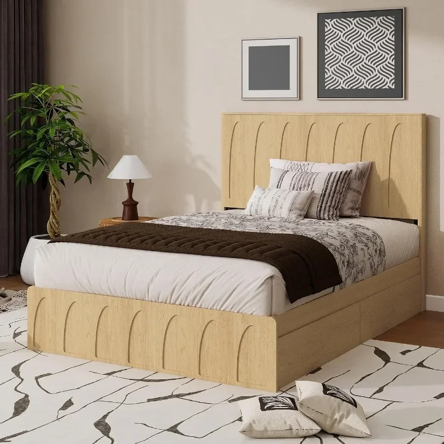 Queen Size Wood Platform Bed Frame with Side Storage Drawers, Curved Headboard Wood Slat Support, No Box Spring Needed, Minimal - view 5