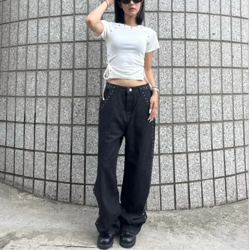Two-Tone Heavy-Metal Studs Decorative Monkey Embellished Jeans High-Waisted Straight-Leg Cotton Denim Casual Summer Jeans