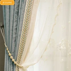 New Light Blue Beige Chenille Thickened Splicing Curtains for Living Room Bedroom Jacquard Window Screen Customization