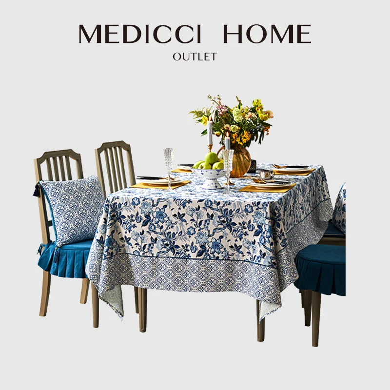 Medicci Home Chinoiserie Retro Style Table Cloth Blue And White Porcelain Floral Bird Print Luxury Tablecloth For Dinner Banquet