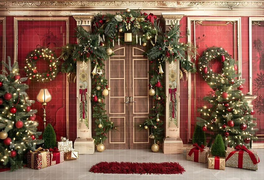 Mehofond Photography Background Winter Christmas Snowy Red Front Door Xmas Tree Kids Family Portrait Decor Backdrop Photo Studio