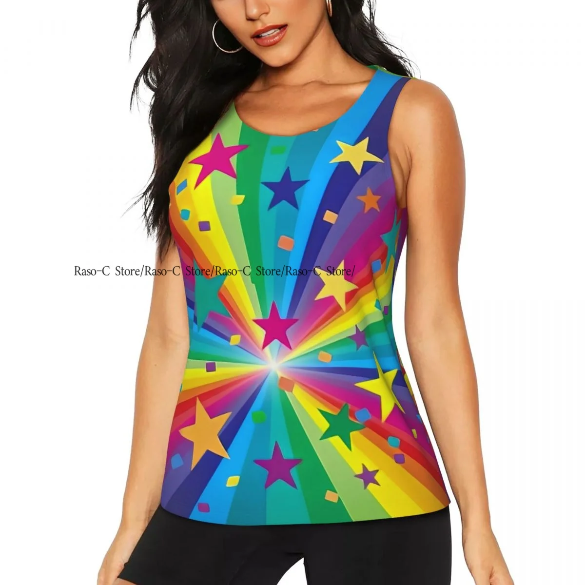 Women's Workout Tank Tops Quick Dry Sleeveless Athletic Shirts Rainbow Stars Colorful Rays Striped Celebrating Gym Yoga Tops