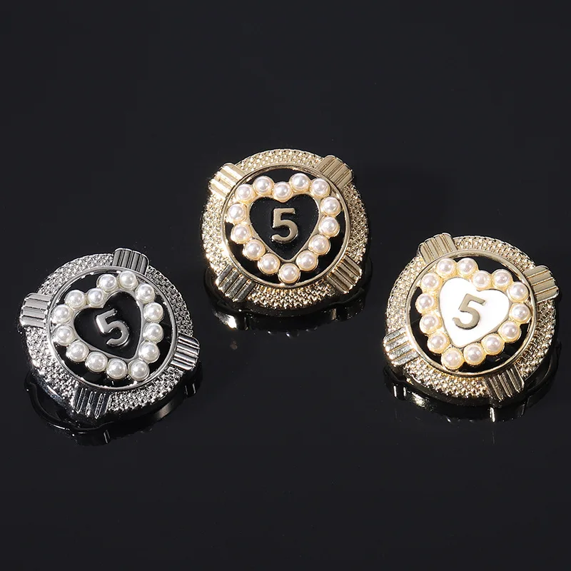 6PCS Love number 5 pearl buttons small fragrant wind metal buttons coat decorative buttons jumper coat buttons