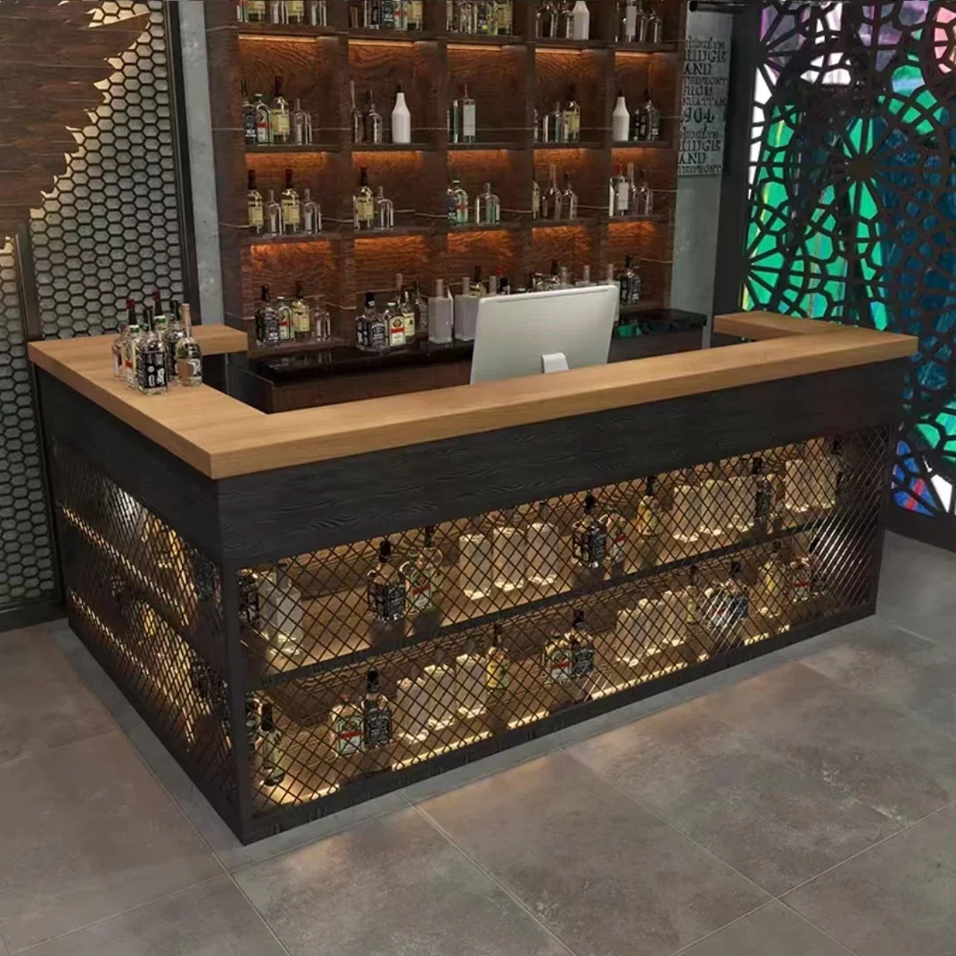 I Shape Club Cashier Solid Wood Beauty Office Restaurant Bar Front Counter Reception Desk With Led Light