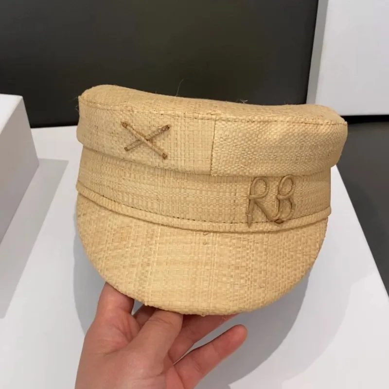 Monogram-embellished Baker Boy Cap Spring Summer Vintage Flat Top Sun Cap Handmade Natural Raffia Visor Straw Caps for Women