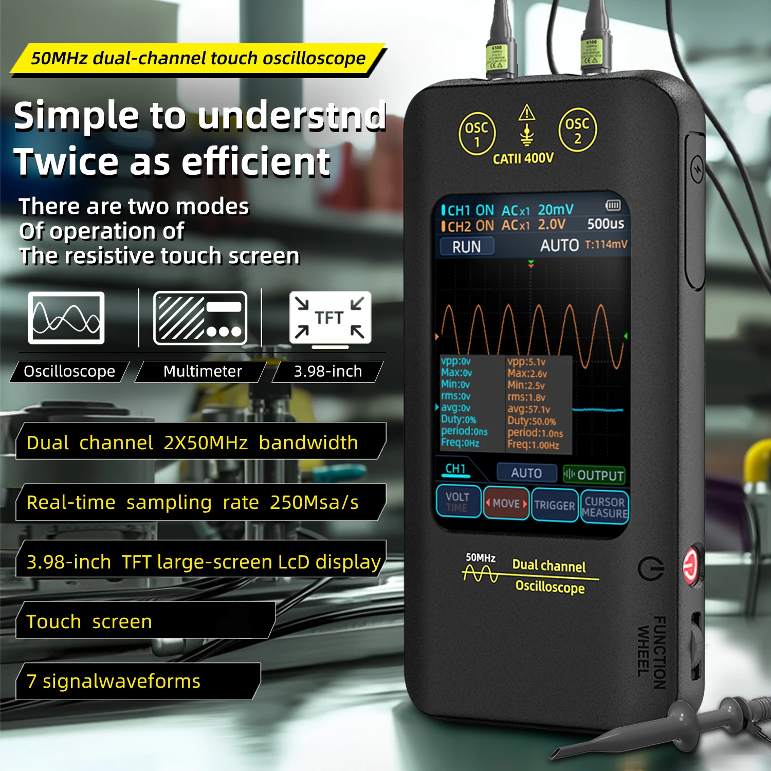BSIDE O2X Touch Screen Digital Oscilloscope+Signal Generator Dual Channel Bandwidth: 50MHz Sampling Rate: 250MSa/s 3.98 inch TFT