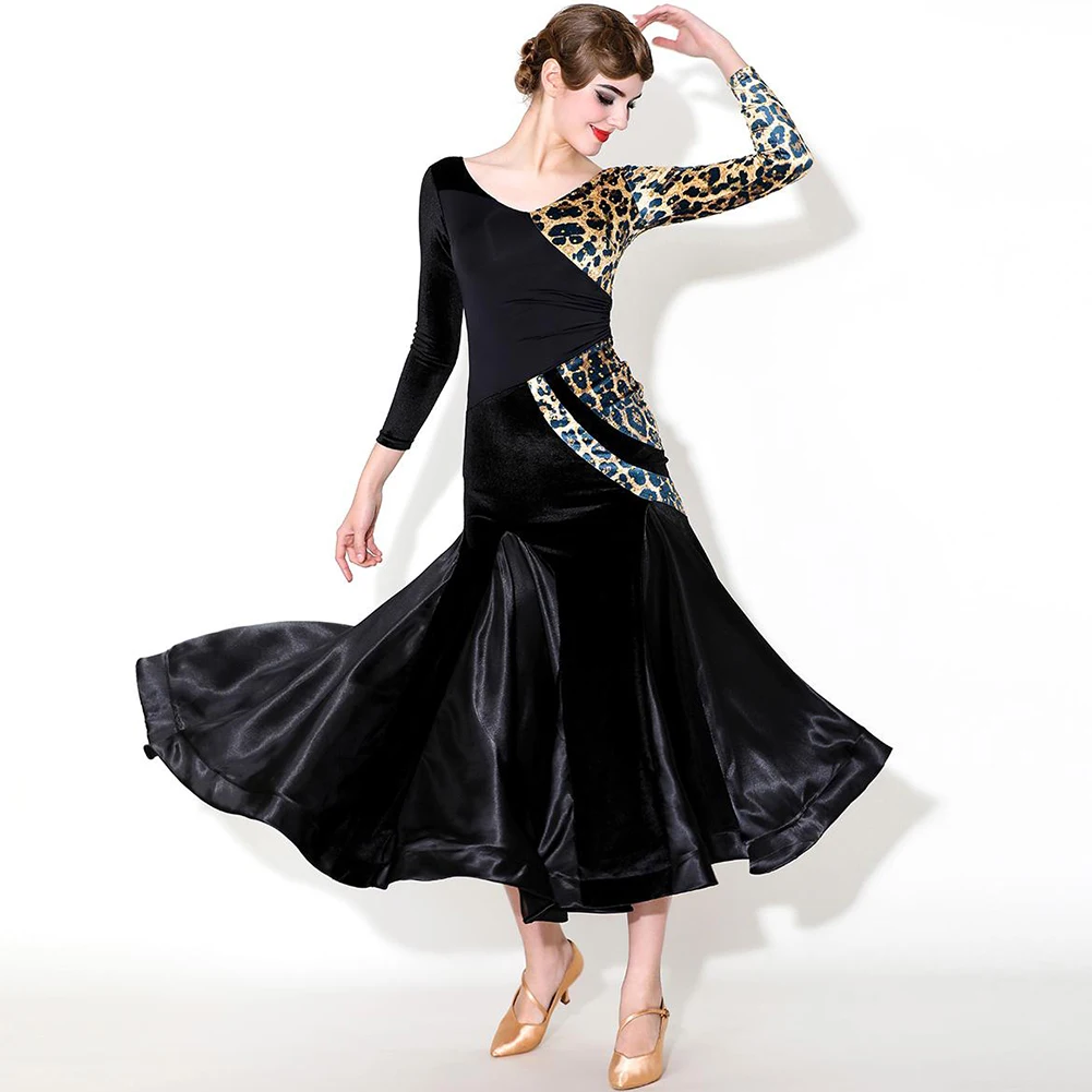 

Waltz Competition Clothing Leopard Print GB Clothing Black Print V-Neck Velvet Rhinestone Stage Performance Clothing