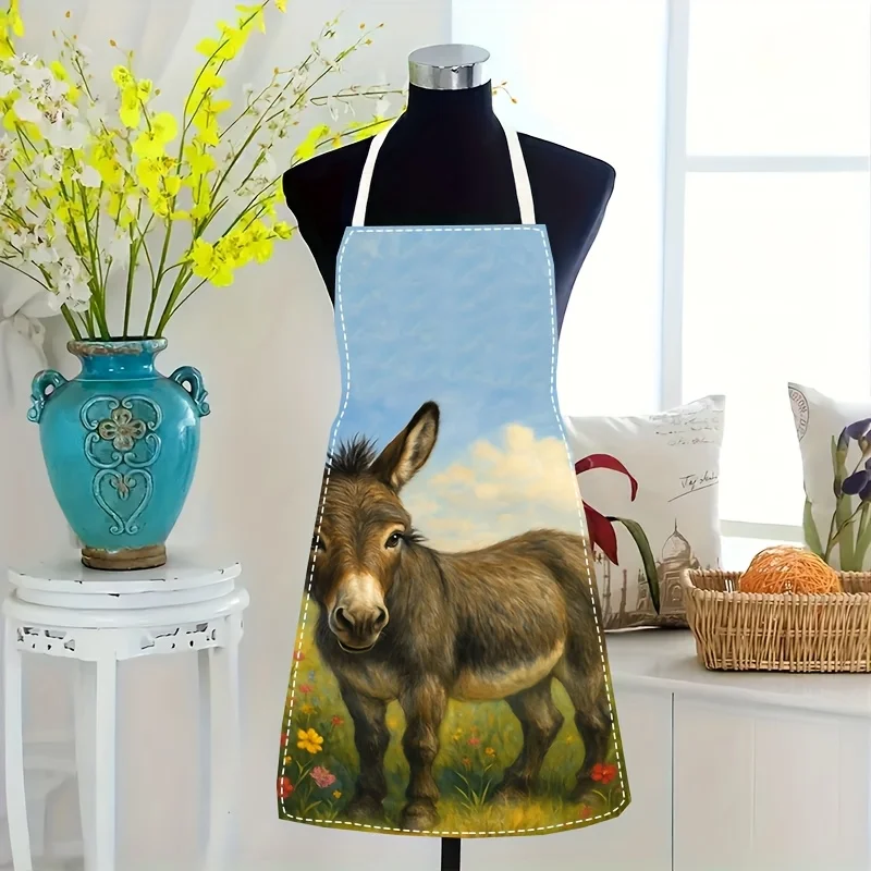 Cute Donkey Farm Scene Apron 2D Flat Printing Non Real Embroidery Kitchen Decor Gift