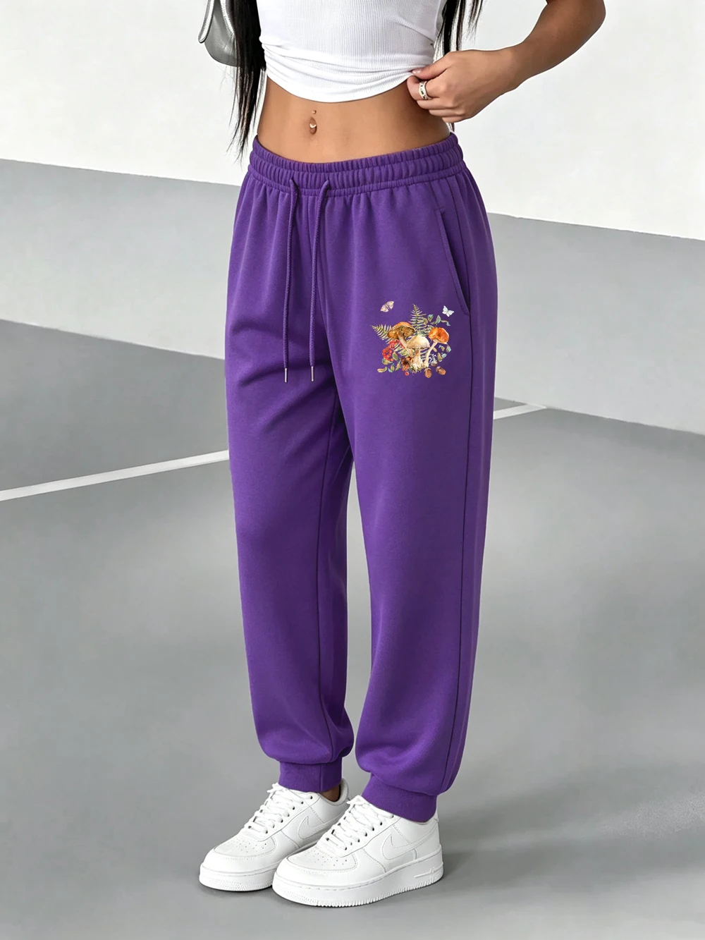 Natural Butterfly Mushroom Sweatpants Womens Basics Fleece Warm Trousers Casual Loose Pocket Pants Winter Comfortable Clothes