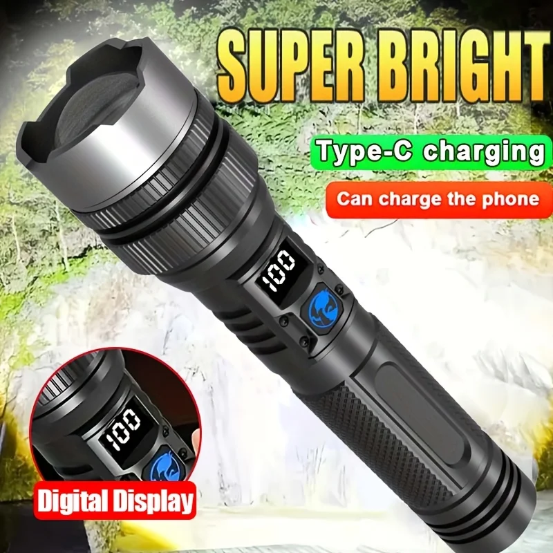 High Strong Power Led Flashlights 2000LM Tactical Torch with Display Light USB Charging Camping Fishing Emergency Zoom Lantern