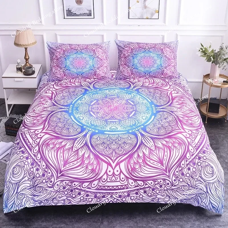 Mandala Duvet Cover Set King Size Lotus Flower Blue Purple Pink Bedding Set Bohemian Mandala Style Soft Polyester Quilt Cover