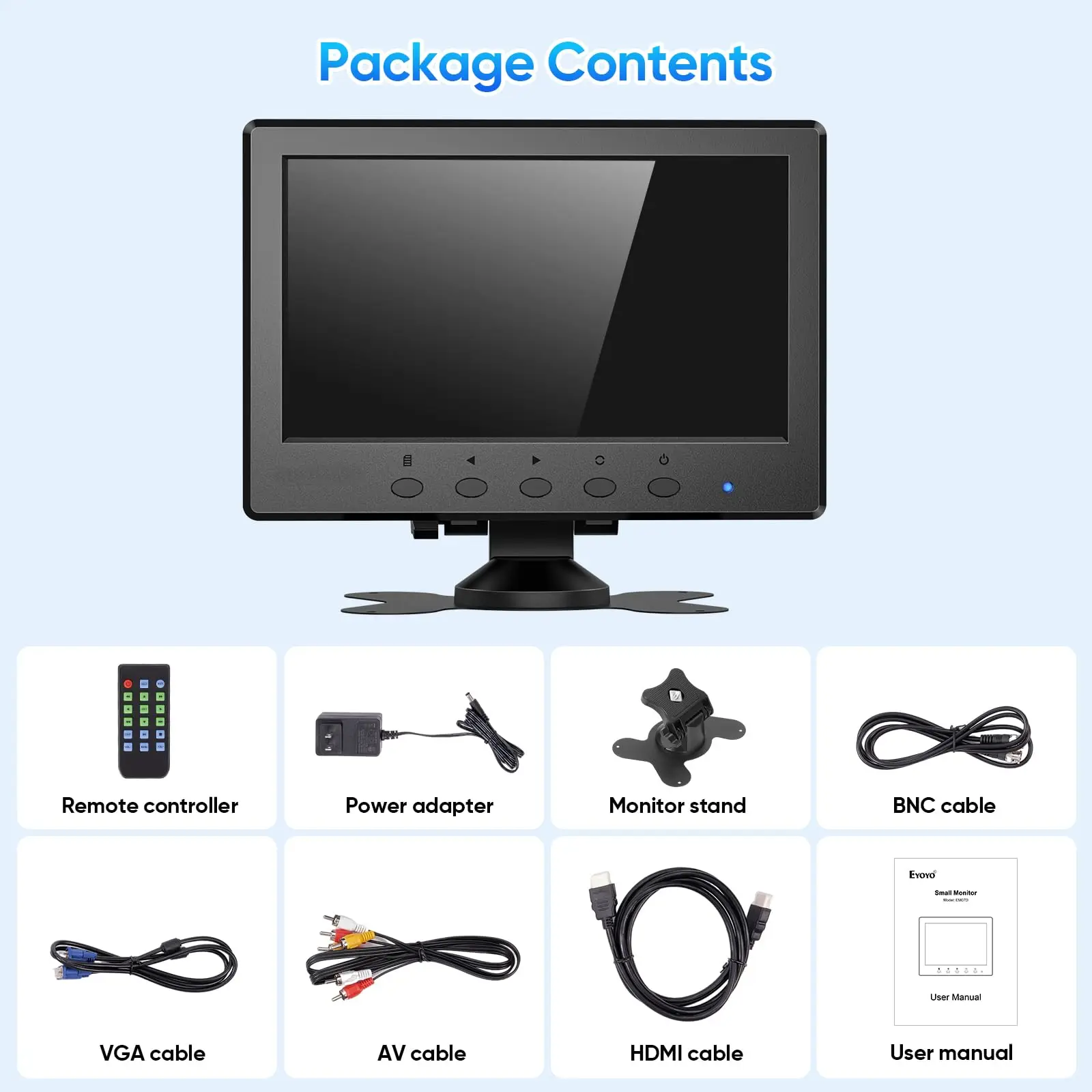 شاشة Eyoyo مقاس 7 بوصات IPS CCTV شاشة محمولة 1024 × 600 مع جهاز تحكم عن بعد ومكبرات صوت، HDMI/VGA/BNC/AV/USB مدخل DVD DVR BY(Origin)