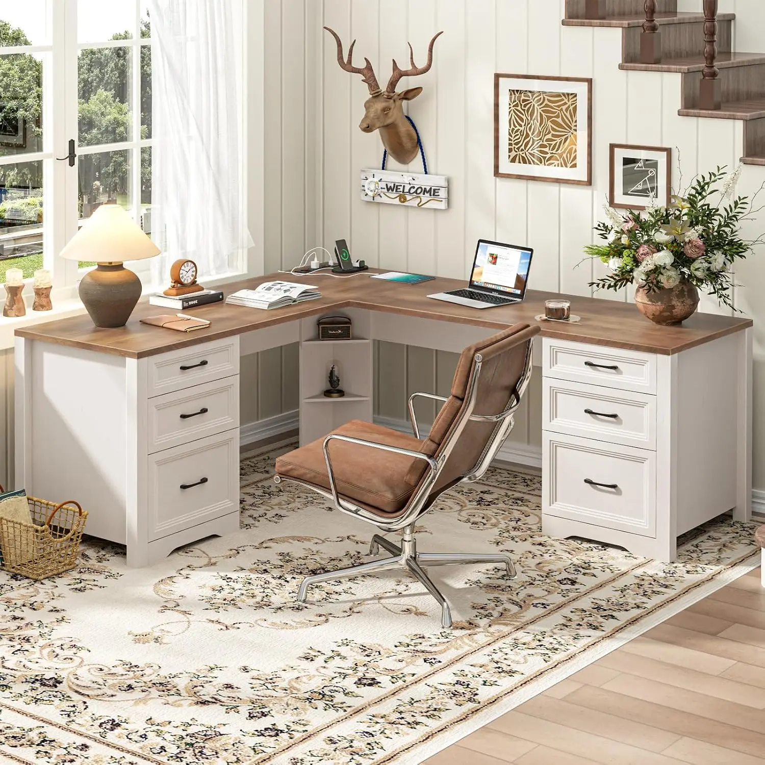 Wood L Shaped Executive Desk 6 Drawers Power Outlets Triangle Storage Shelf File Cabinet Corner Computer Desk, Customized