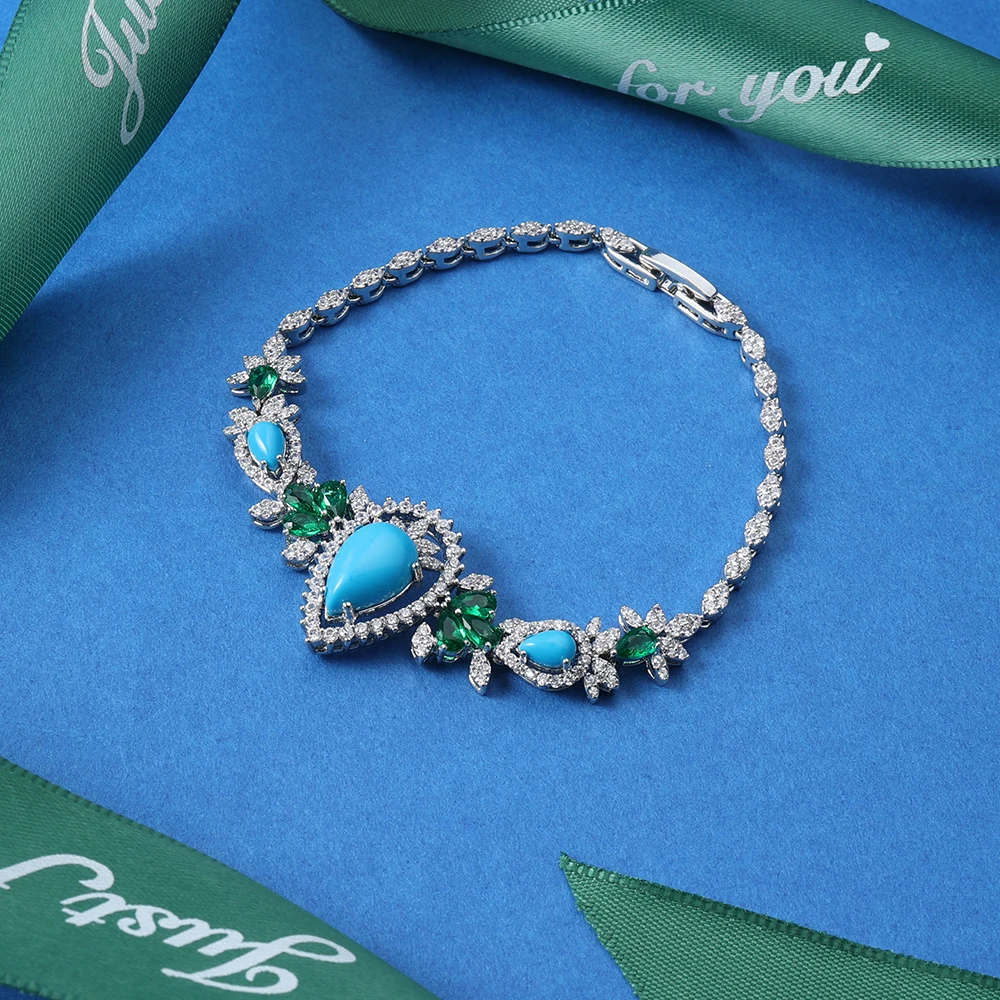 IN JEWELIFE Trendy Turquoise Zircon Long Necklace Earring Bracelet Ring Jewelry Sets for Women Party Luxury Wed Jewellery