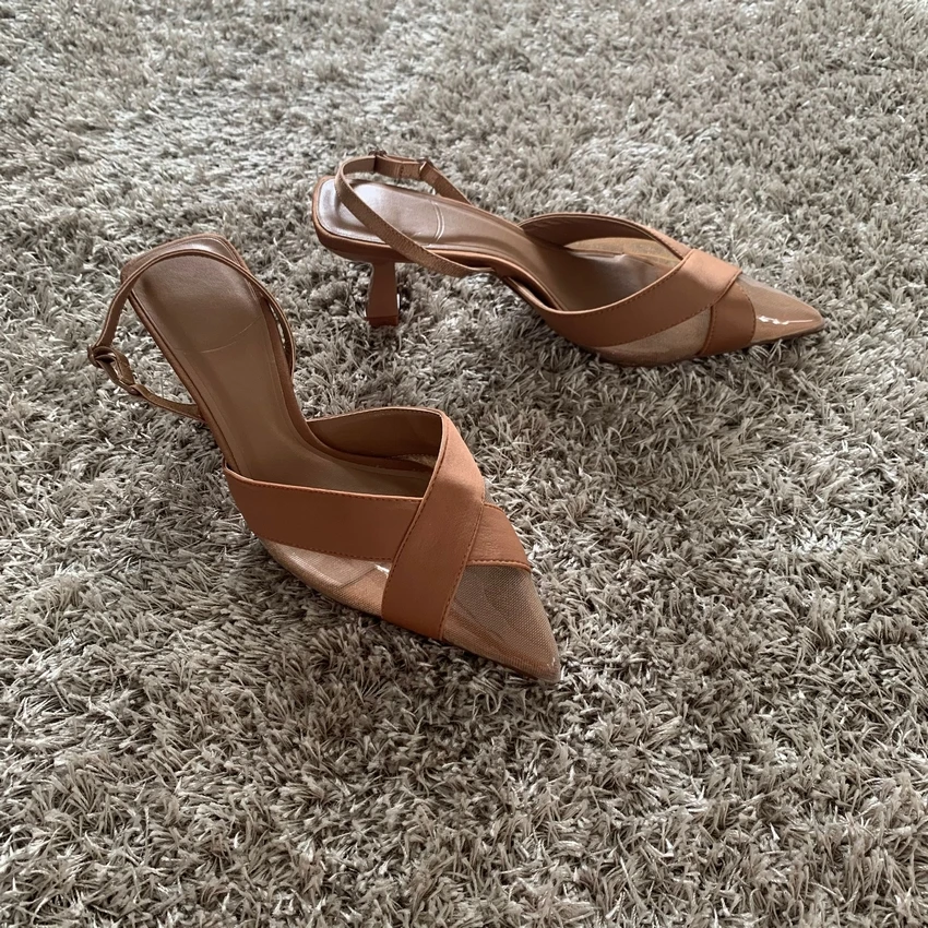 2023 Woman Brown High Heels Women Sandals Summer Fashion Pointed Toe Low-heel Pumps Slingbacks Elegant Female Heeled Shoes