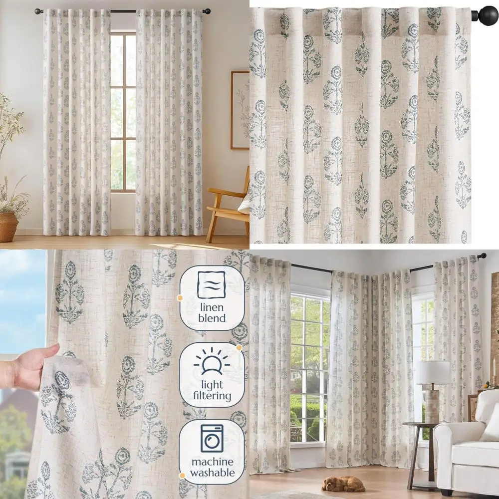 

Синие льняные шторы с цветочным узором, длина 84 дюйма, в стиле бохо, полупрозрачные, с карманом для карниза, комплект из 2 панелей для гостиной в стиле коттедж/фермерский дом