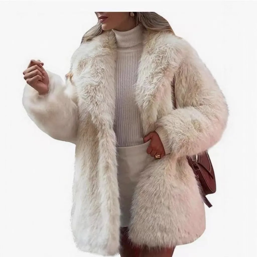 

Long Short Fur Collar Artificial Fur Coat Plush Fur Fashionable Women's Loose Fit Winter Coat Regular Thickness