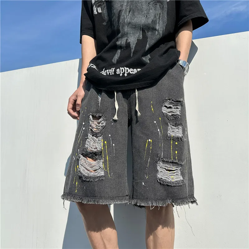 Knee-length Jeans Men Casual Loose Streetwear Hole Summer Raw Edge  American Style Teenagers All-match Breathable Fashion