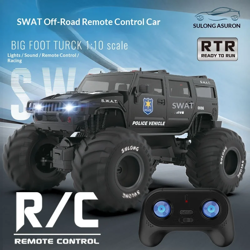 SULONG RC Truck SWAT Police Car 1:10 Scale B Off-Road RTR Remote Control Toy Car with LED Lights Sound Effects for Kids