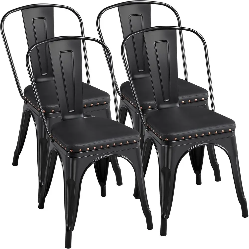 

4pcs High-Back PU Leather Dining Chairs with Cushion, Industrial Style, 18 Black