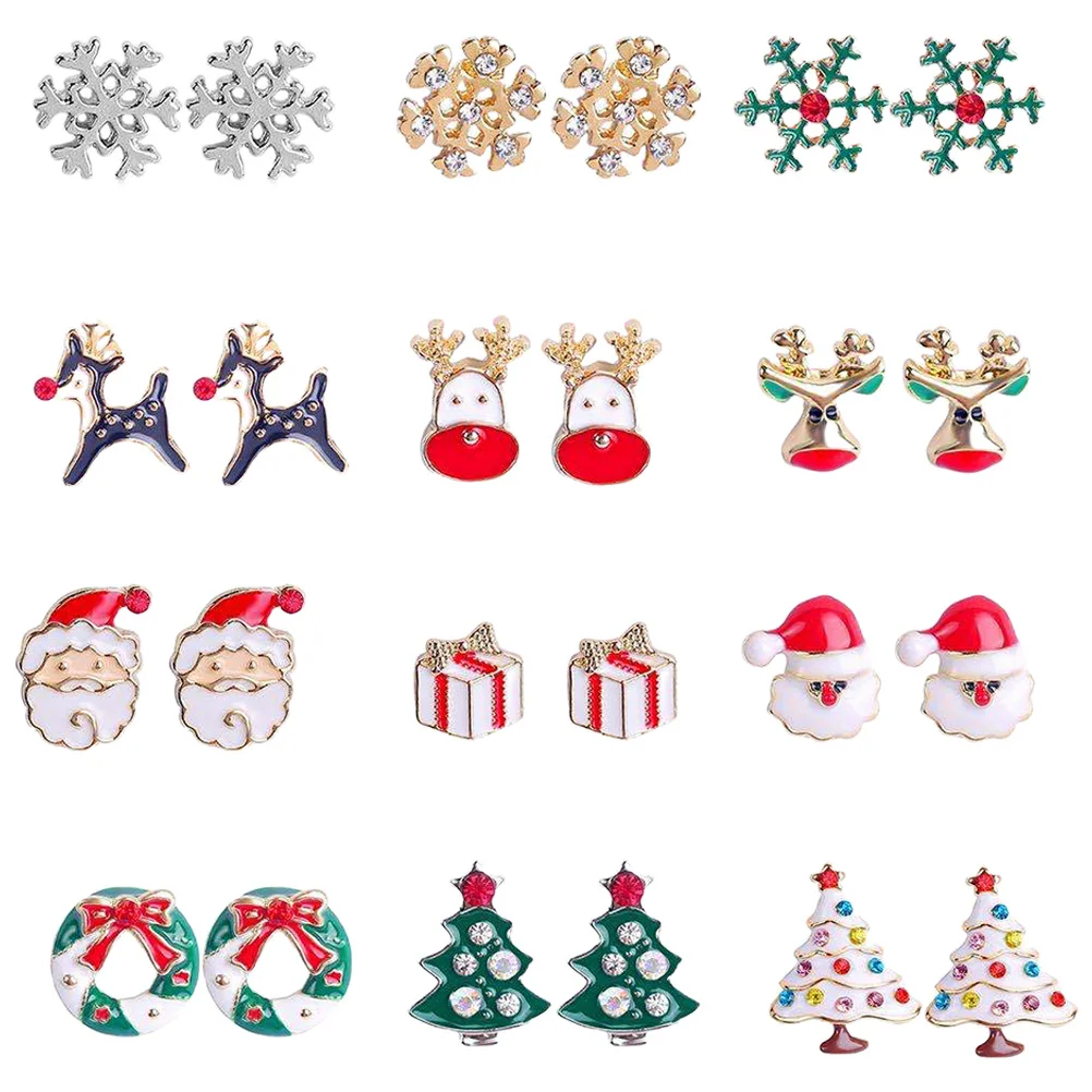 

12Pairs Christmas Earring Studs Women Earrings Set Holiday Jewelry Sparkling Diamond Festive Earrings for Women Christmas Tree