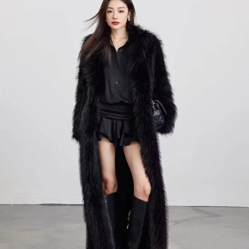 Winter Warm New Faux Fox Fur Black Long Coat Extra Cotton Lining Thickened Fur Furry Outerwear Women's Young Windbreaker