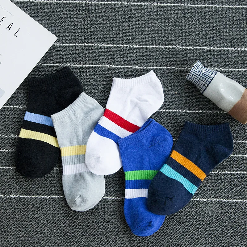 5 Pairs Great Quality 100% Cotton Business Men Blue Navy Stripe Short Socks Spring Summer Male Adult Casual Sports Fashion Sox