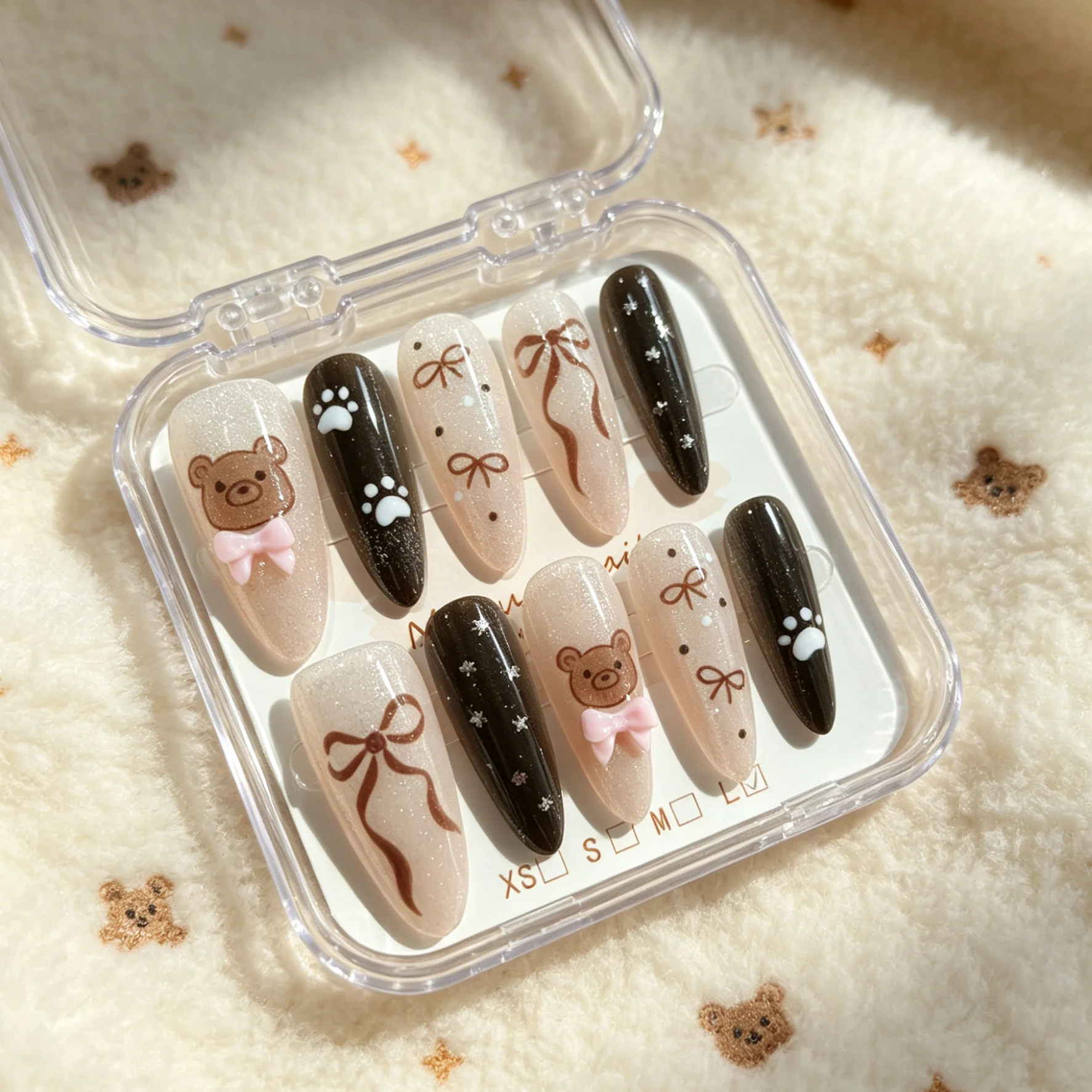 10 faux ongles en forme d'amande pressés à la main, magnifiques faux ongles, jolis ours de dessin animé jaunes et bruns, adaptés aux femmes