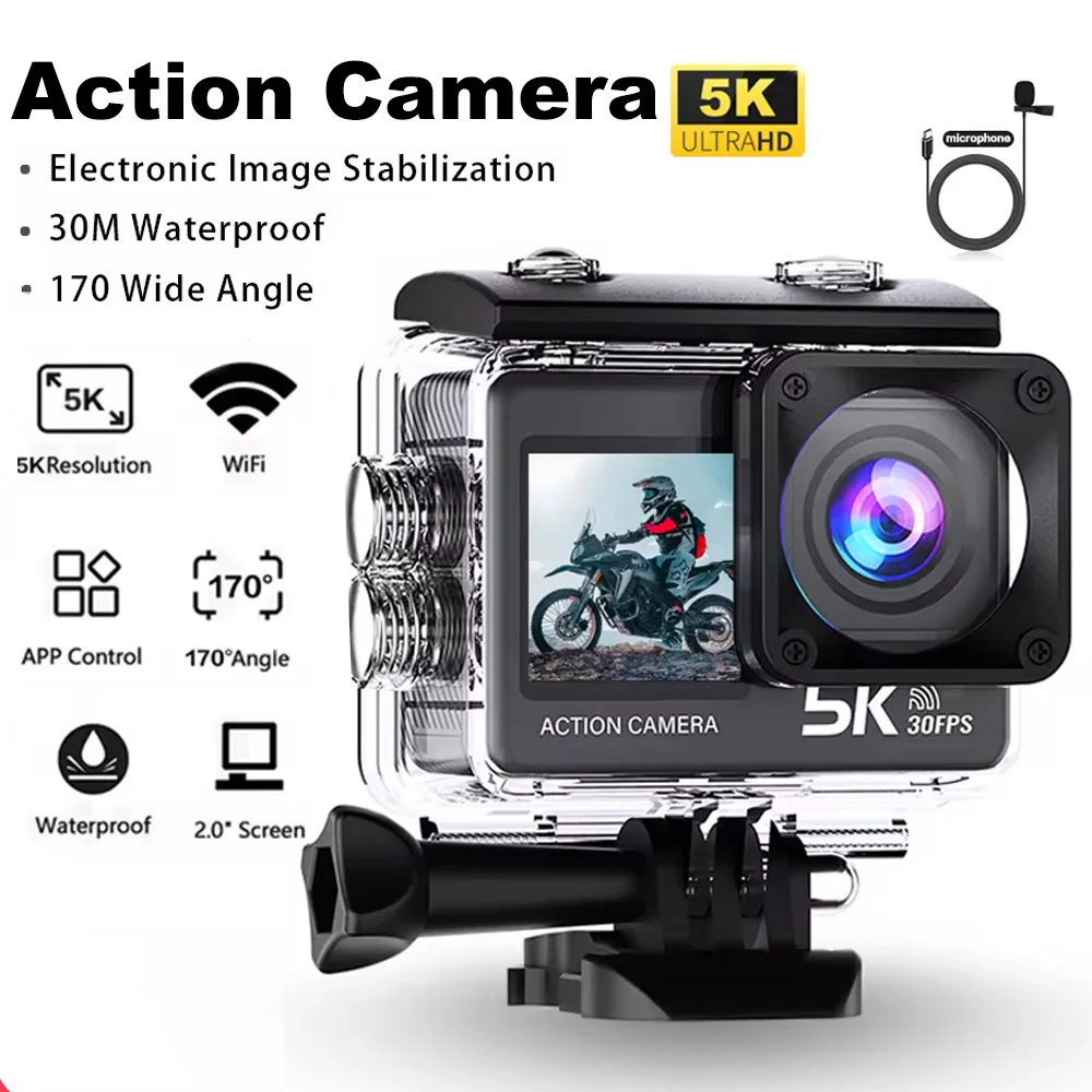 Action Kamera 5K 4K60FPS EIS Wi-Fi Dual Screen 170D 2,0 Zoll Touchscreen 30M Wasserdichte Sport Kamera mit Fernbedienung