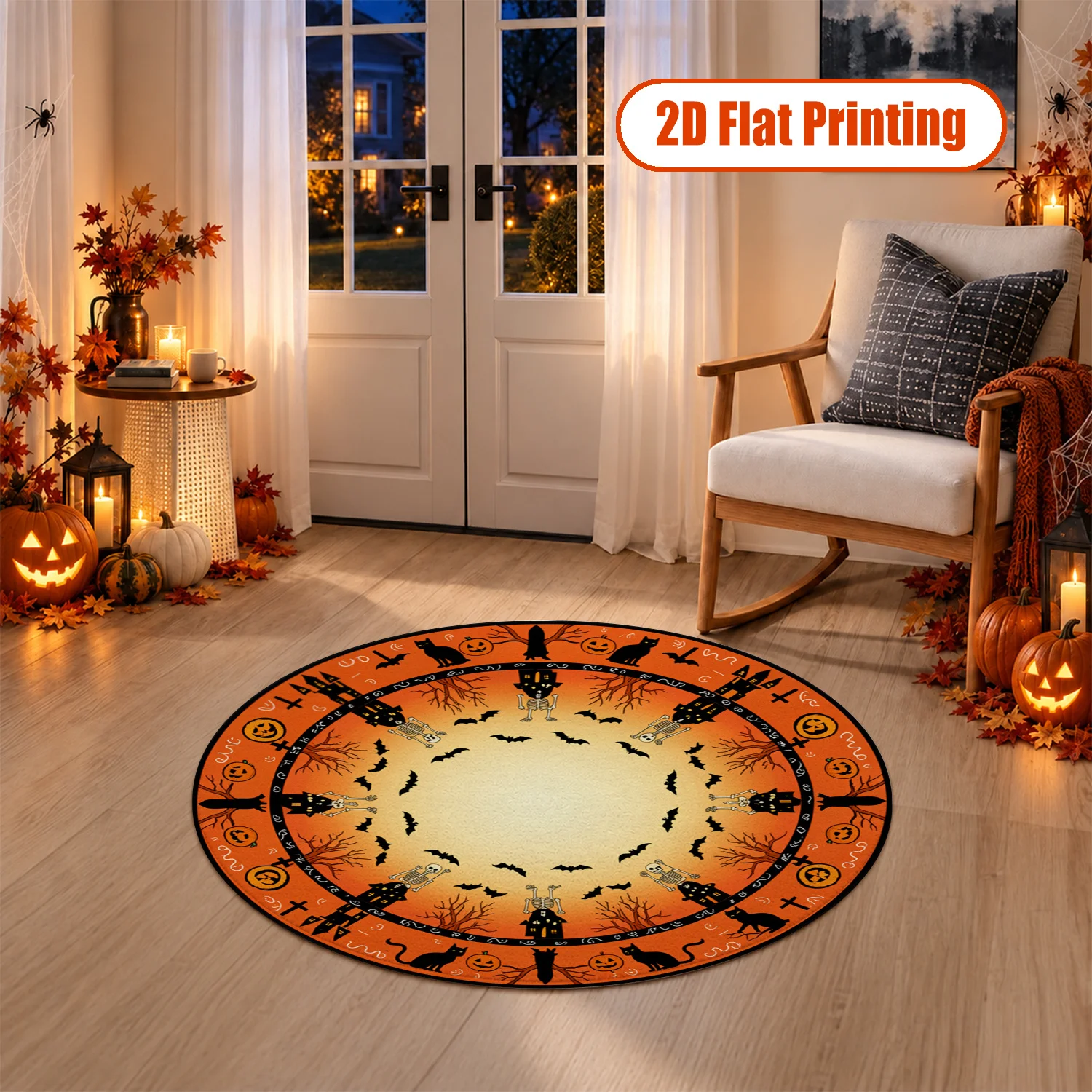 Halloween Themed Bat Skeleton Cat Pumpkin Haunted House Pattern Round Velvet Rug Machine Washable for Living Room Bedroom Dining Room Entryway Halloween Thanksgiving Christmas New Year Black Friday Cyber Monday