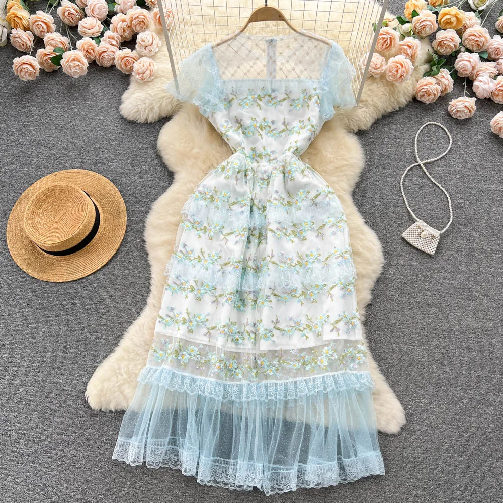 

2023 Fashion Runway Summer Mesh Flower Embroidery Long Dress For Women O Neck Ruffles Short Sleeve High Waist Luxury Party Dress