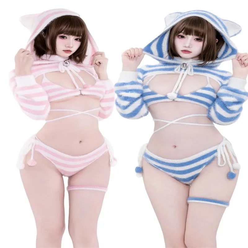 

Original Design Blue Striped Rabbit Fur Bikini Sweater Seductive Private House Cute Cosplay Set Women's Faion Autumn 2025