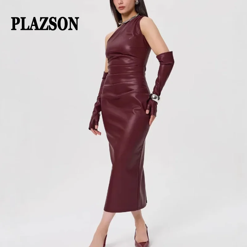 PLAZSON Sexy One Shoulder Leather Dress 2025 New Summer Backless Skinny PU Leather Long Dress With Gloves Y2k Party Club Dress