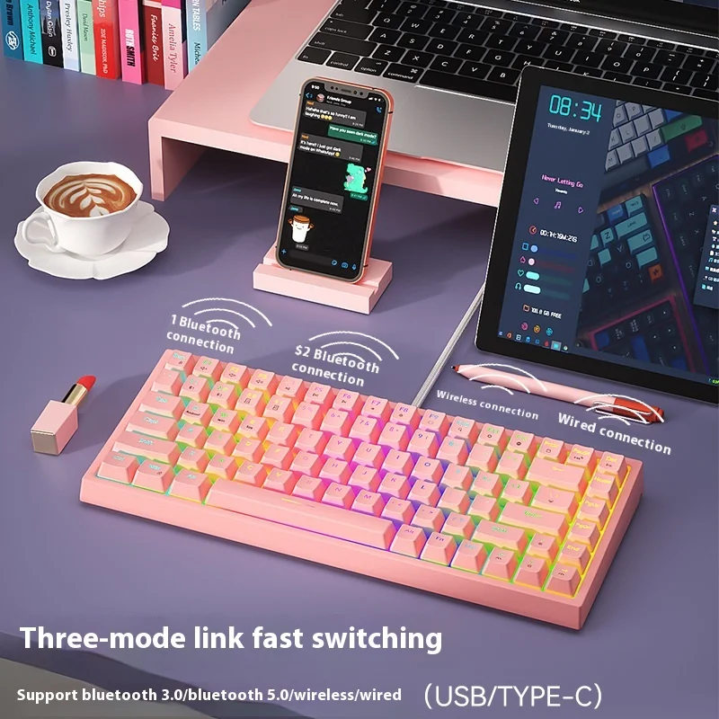 

Bow Three-Mode Bluetooth Wireless Mechanical Keyboard Rgb External Laptop Phone Tablet Pink Girl Green Tea Red Axis Gift