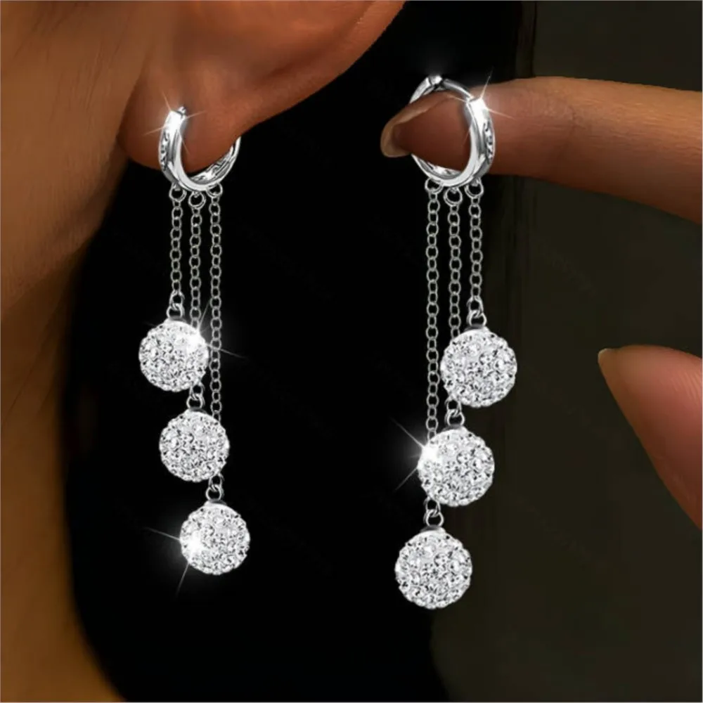 Silver Color 3 Shambhala Ball Design Tassel Lines Dangle Earring for Women Luxury Blingbling Hoop Earrings Holiday Wedding Gifts