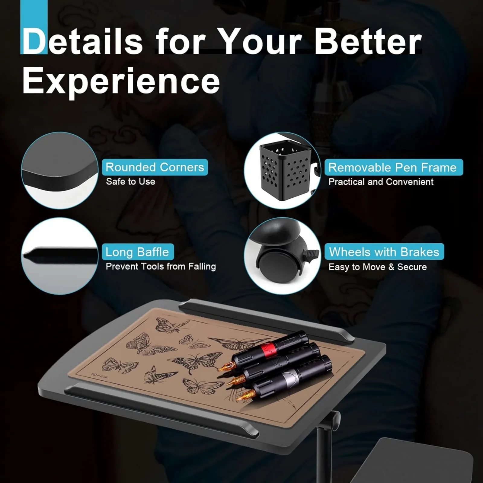 عربة صينية محطة عمل الوشم المتنقلة مع 4 عجلات، مسند ذراع قابل للتعديل، طراز حديث، 25.2 × 15.75 × 22.64-35.43 بوصة #5