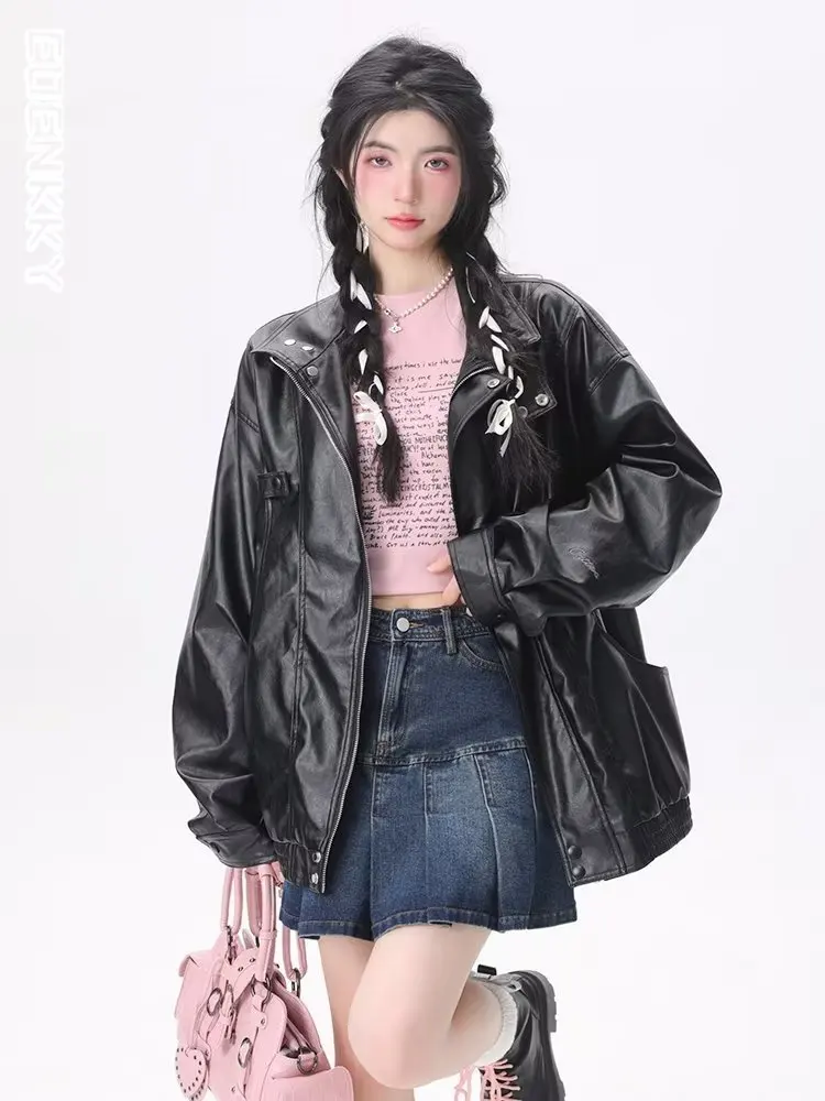 Motorcycle Pu Jacket Women High Street Harajuku Women Biker Black Coat Female Vintage Faux Leather Pockets Zipper Outwear 2023