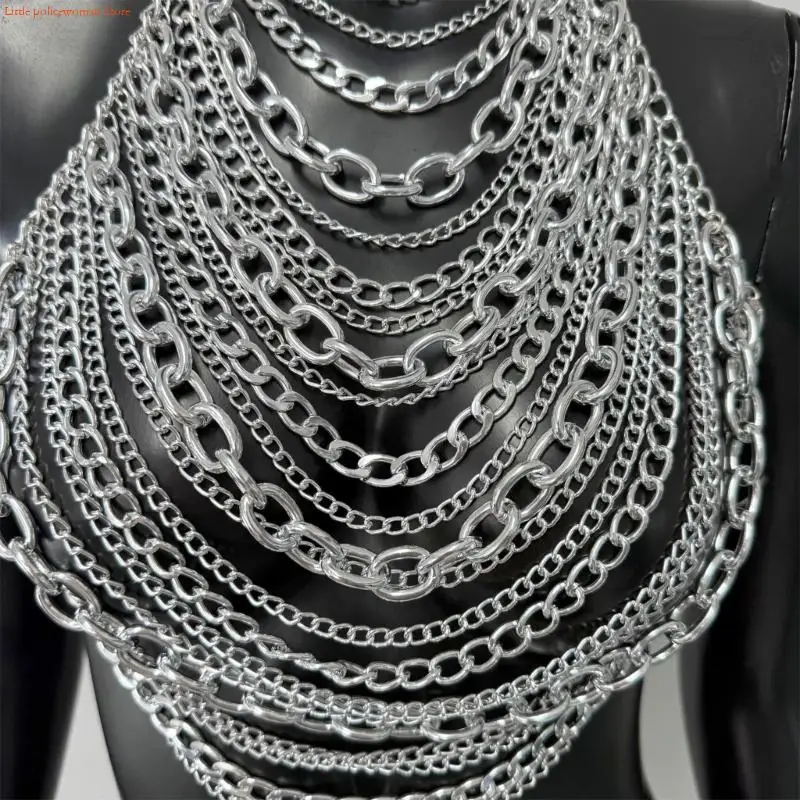 F92D Popular Body Chain Metallic Tassels Chest Chain Necklace Cool Body Jewelry For Women Stage Event And Beach Styling