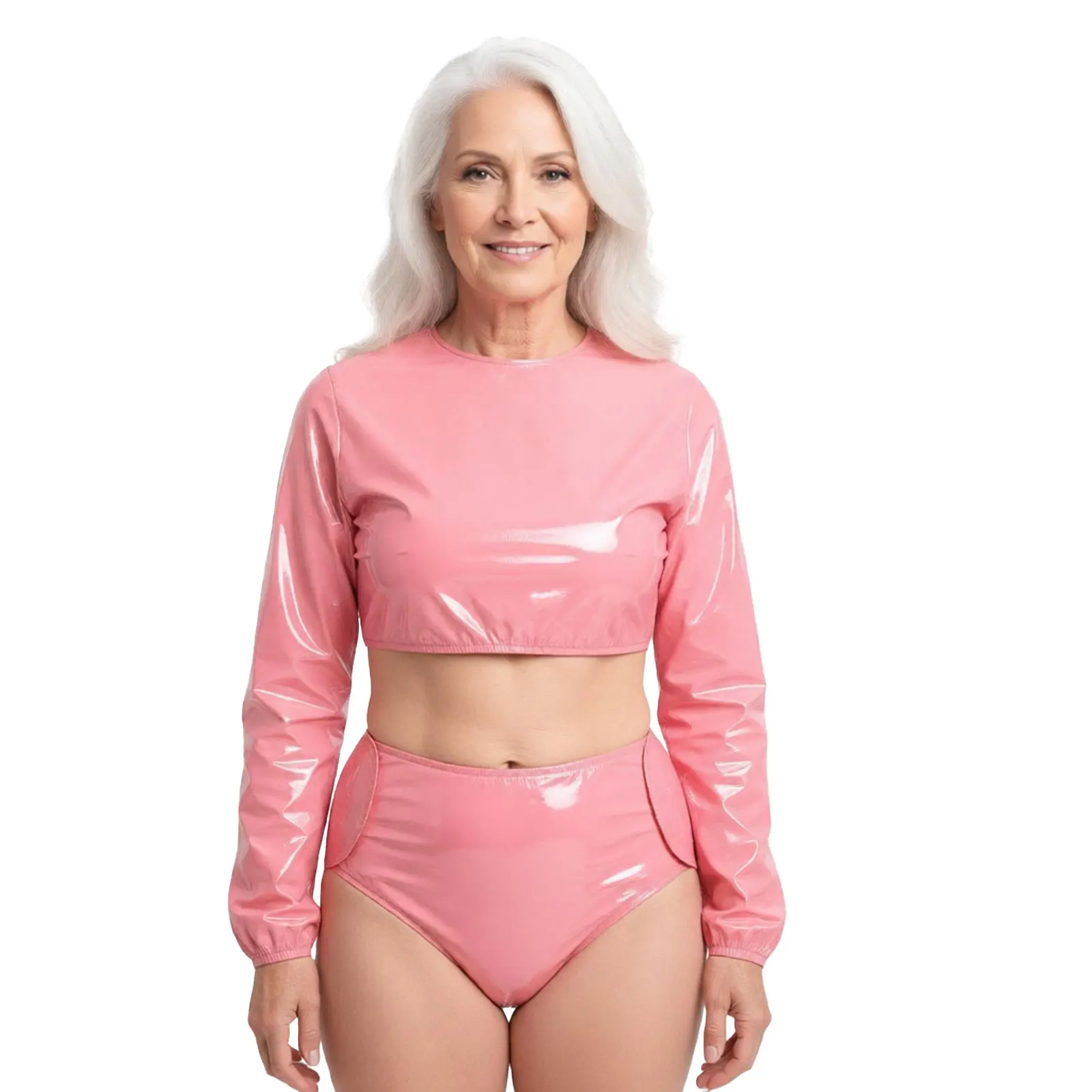Women Waterproof Clubwear Long Sleeve Crop Top T-shirt And Side Hook-loop Fastener Diaper Cover Shorts Set Outfit Adaptive Wear