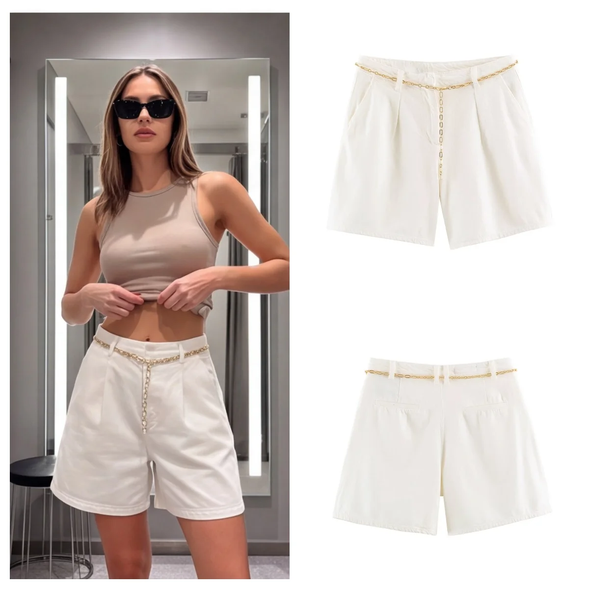 Women S Fashionable Chain Belted Denim Shorts Casual Straight Leg Pants Natural Waist Polyester Fiber New Spring Summer Arrival