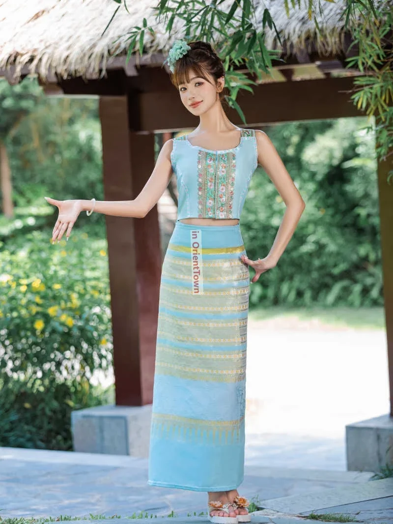 

Фестивальная одежда с брызгами воды Топы + юбка Юньнань Традиционный наряд Таиланд Путешествия Камзол без рукавов Дай Этнический костюм 2025горячий