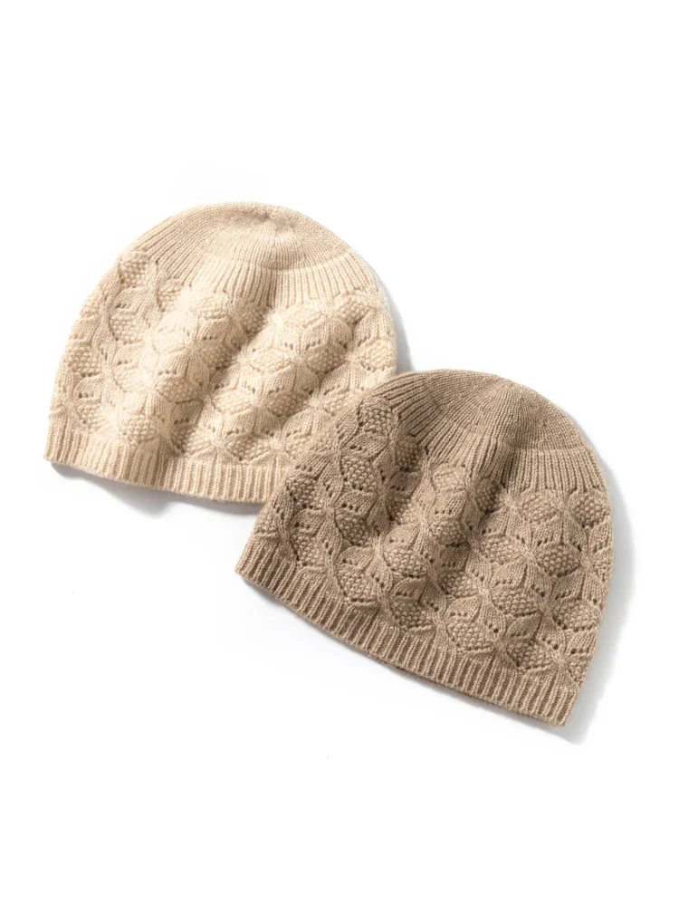 Women 35% Cashmere 65% Wool Beanie Hat Openwork Warm Hat Fall Winter Hollowed-out Knitted Flower Patterns Bonnet Natural Fabric