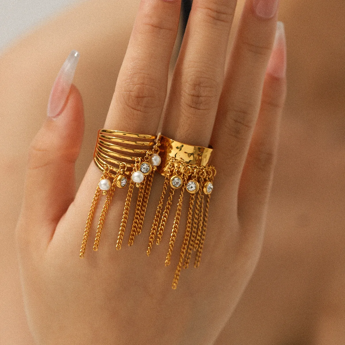 

18K Gold Plated Imitation Pearl Zircon Tassel Chain Wide Open Ring for Women Stainless Steel Fashion Jewelry Gifts Accessories