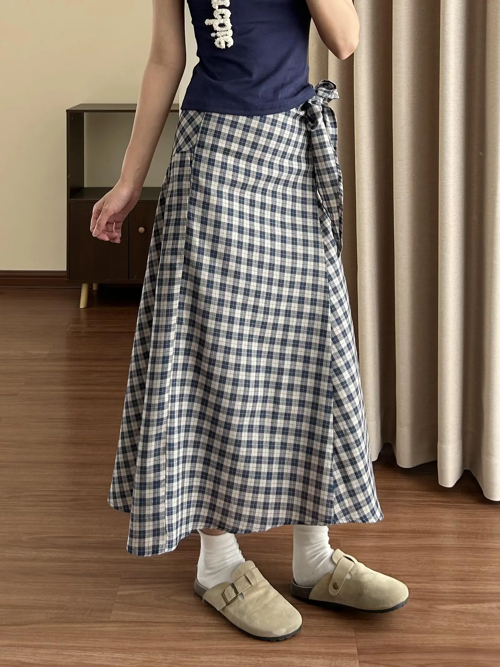 Korean Style Retro Plaid Belted Asymmetrical  Skirt Women's High Waist Slim A-Line Midi Skirt Spring Summer New Arrival