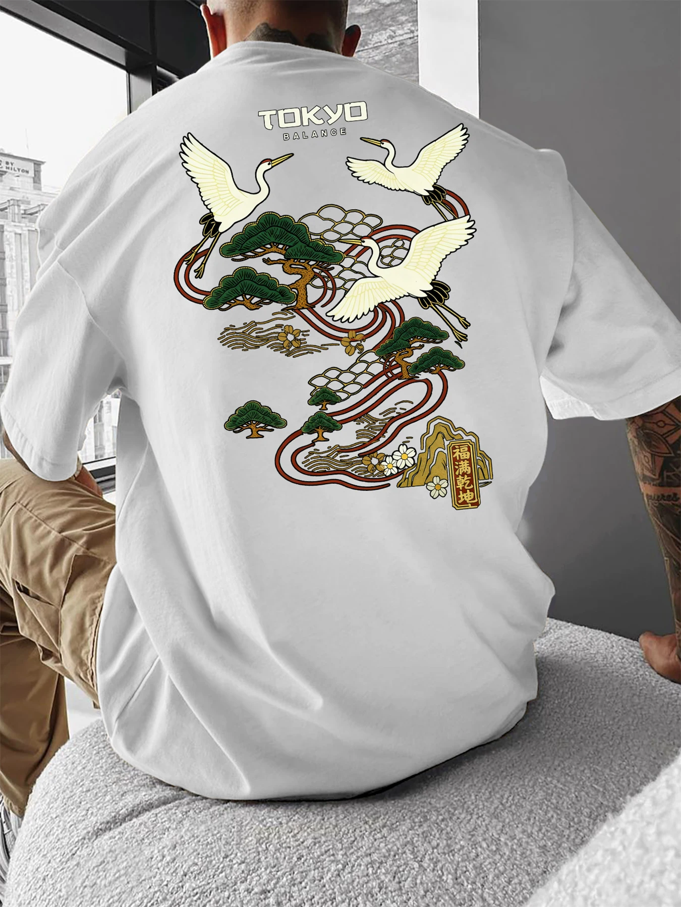 Men Tokyo Crane Pine Back Print Short Sleeve T-Shirt Japanese Retro Streetwear Casual Tee S-XXL